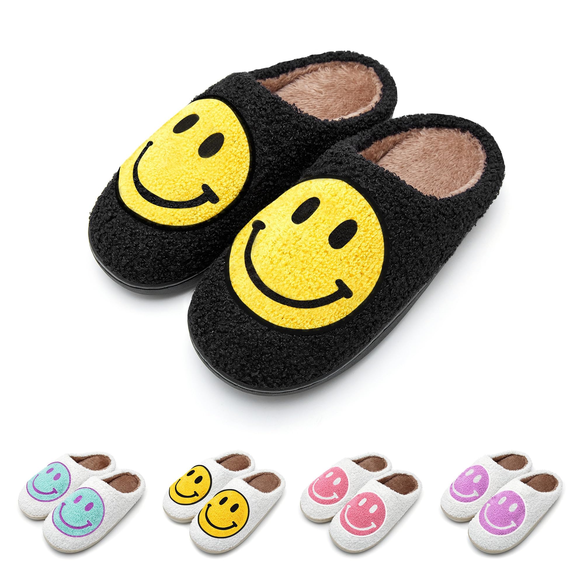 Retro Plush Slippers for All Ages - Happy Face Comfort Indoors & Outdoors